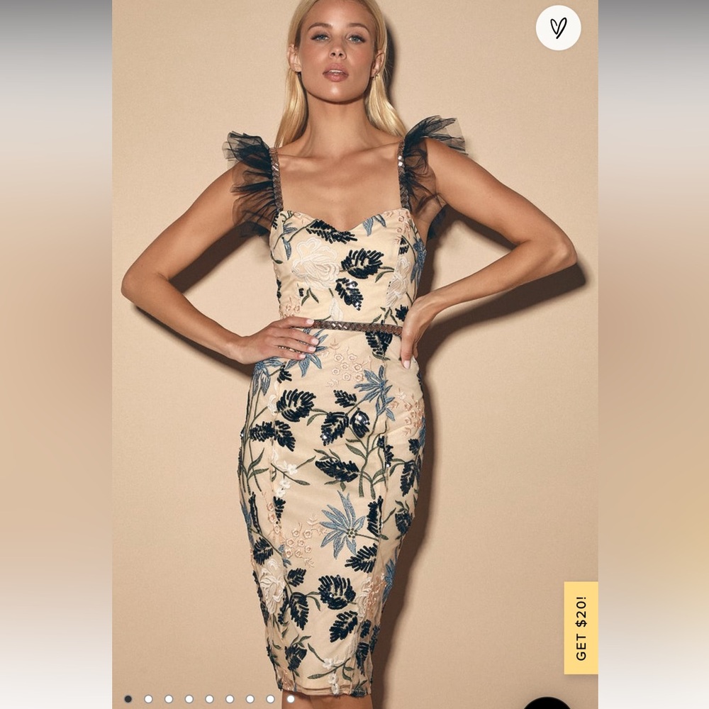 Lulu’s Show Stopper Cream Embroidered Sequin Midi Dress - Size S